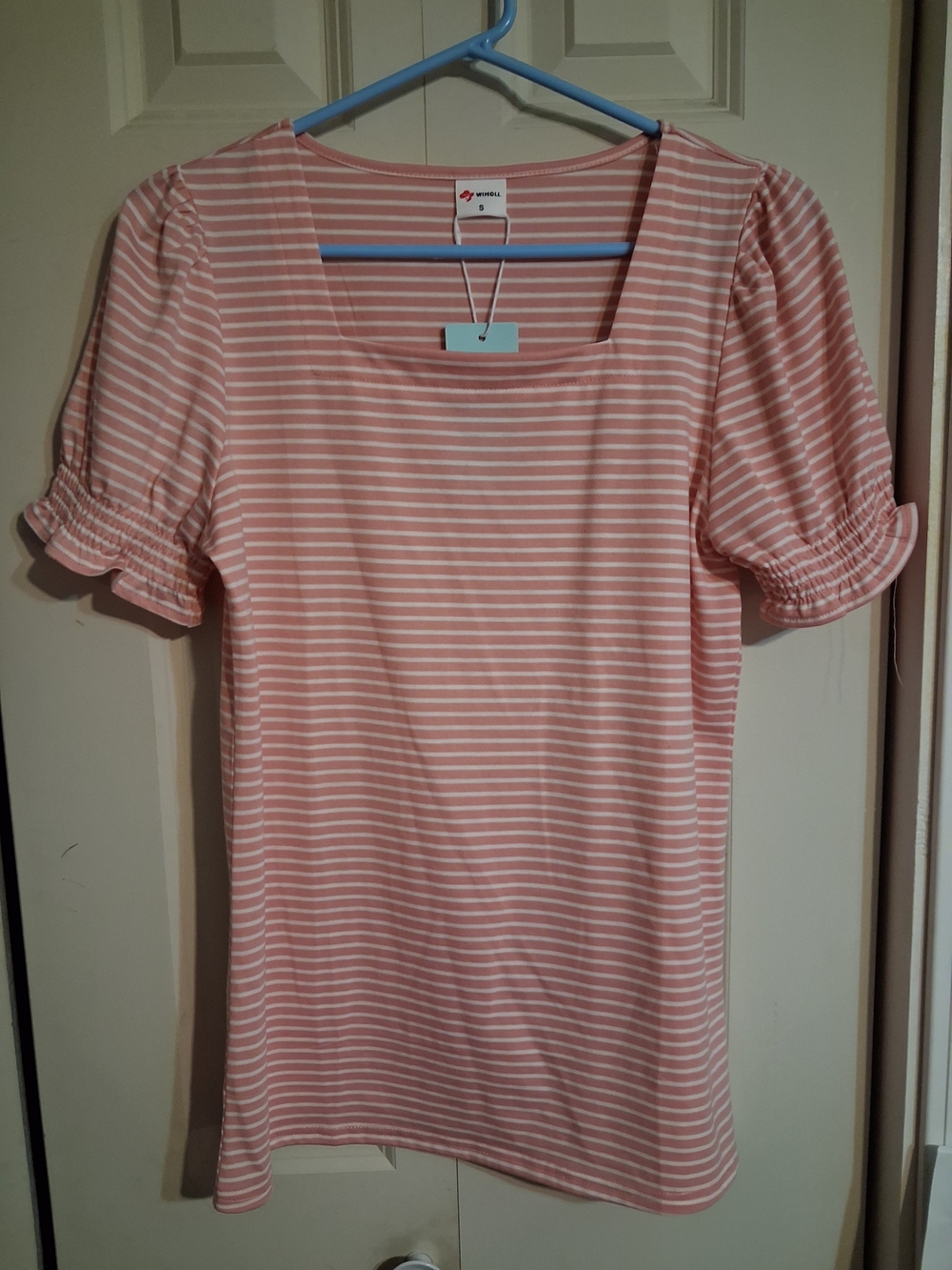 Women’s Pink & White Striped Square-Neck Puff Sleeve Tee